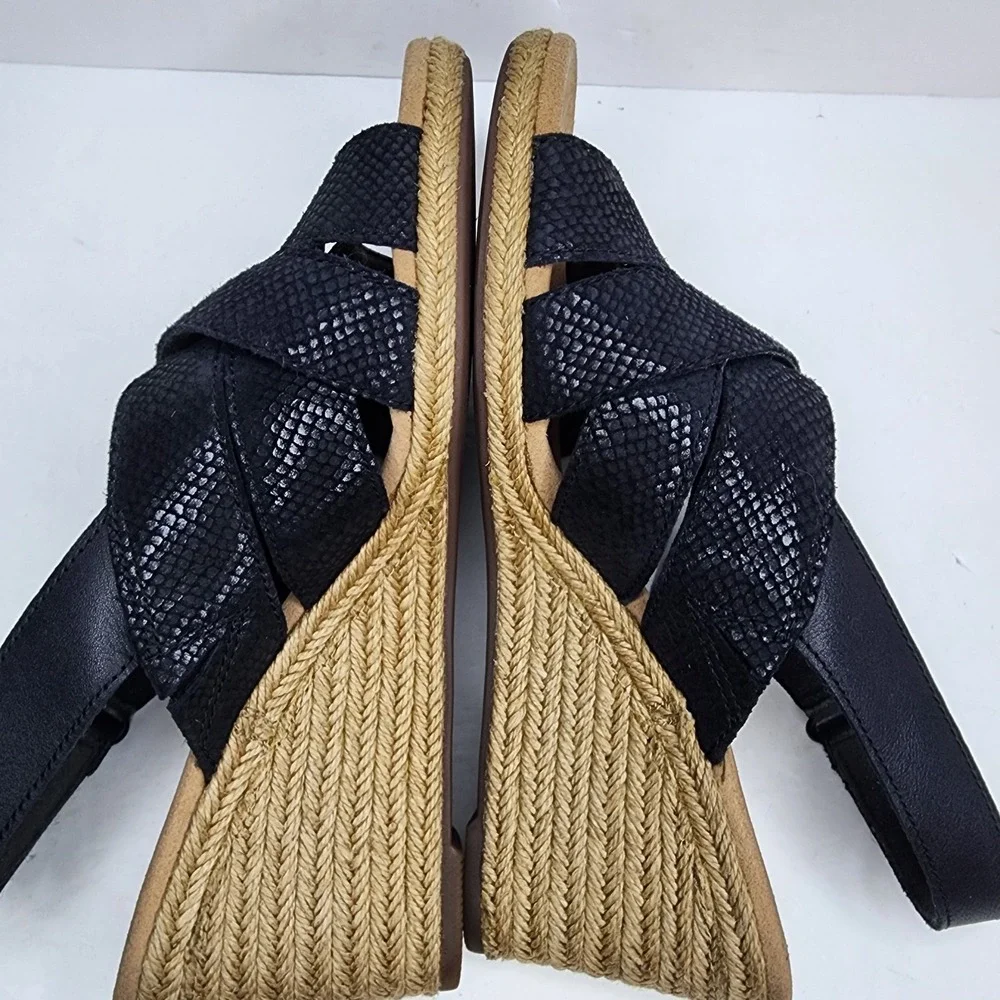 Clarks Lafley Krissy Leather Wedge Espadrille‎ Sandals Black Sz 8.5 Adjust Strap